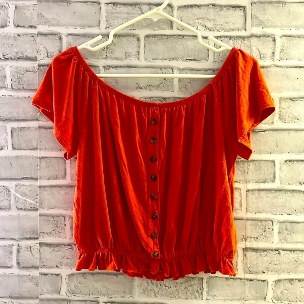 Suzy sheer off shoulder crop top orange size small, short sleeve